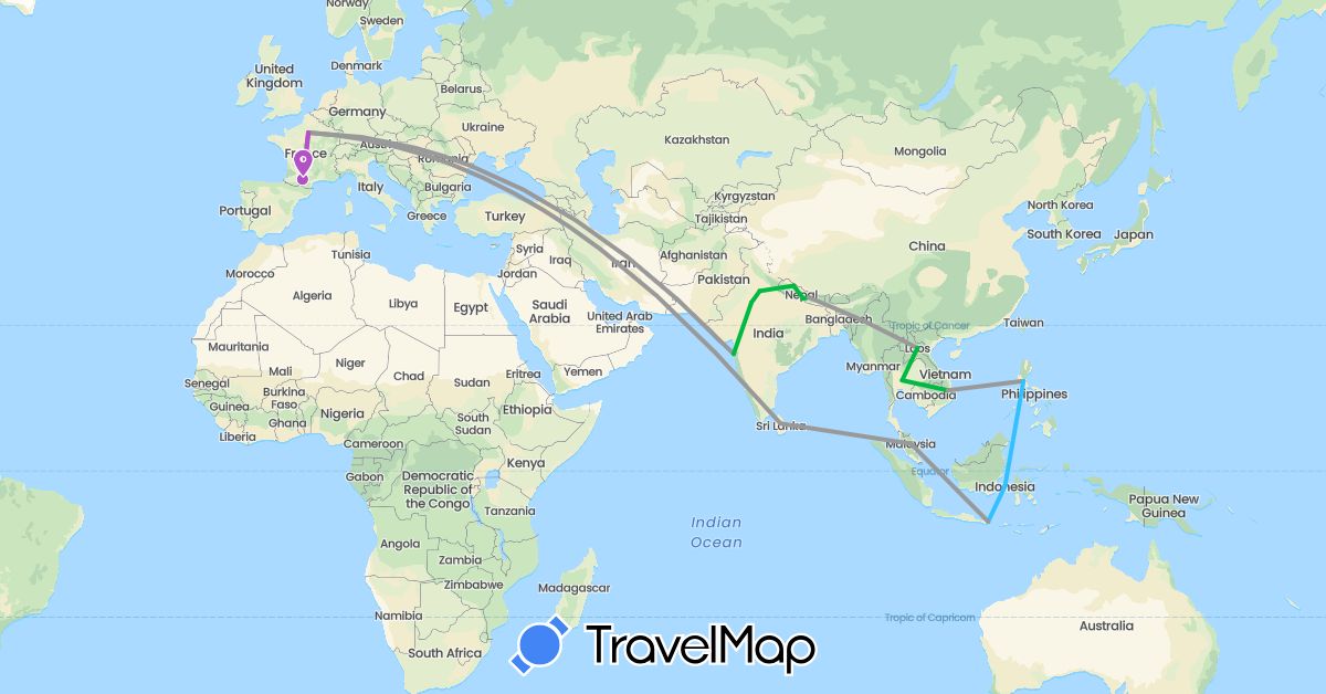 TravelMap itinerary: driving, bus, plane, train, boat in France, Indonesia, India, Laos, Sri Lanka, Malaysia, Nepal, Philippines, Thailand, Vietnam (Asia, Europe)